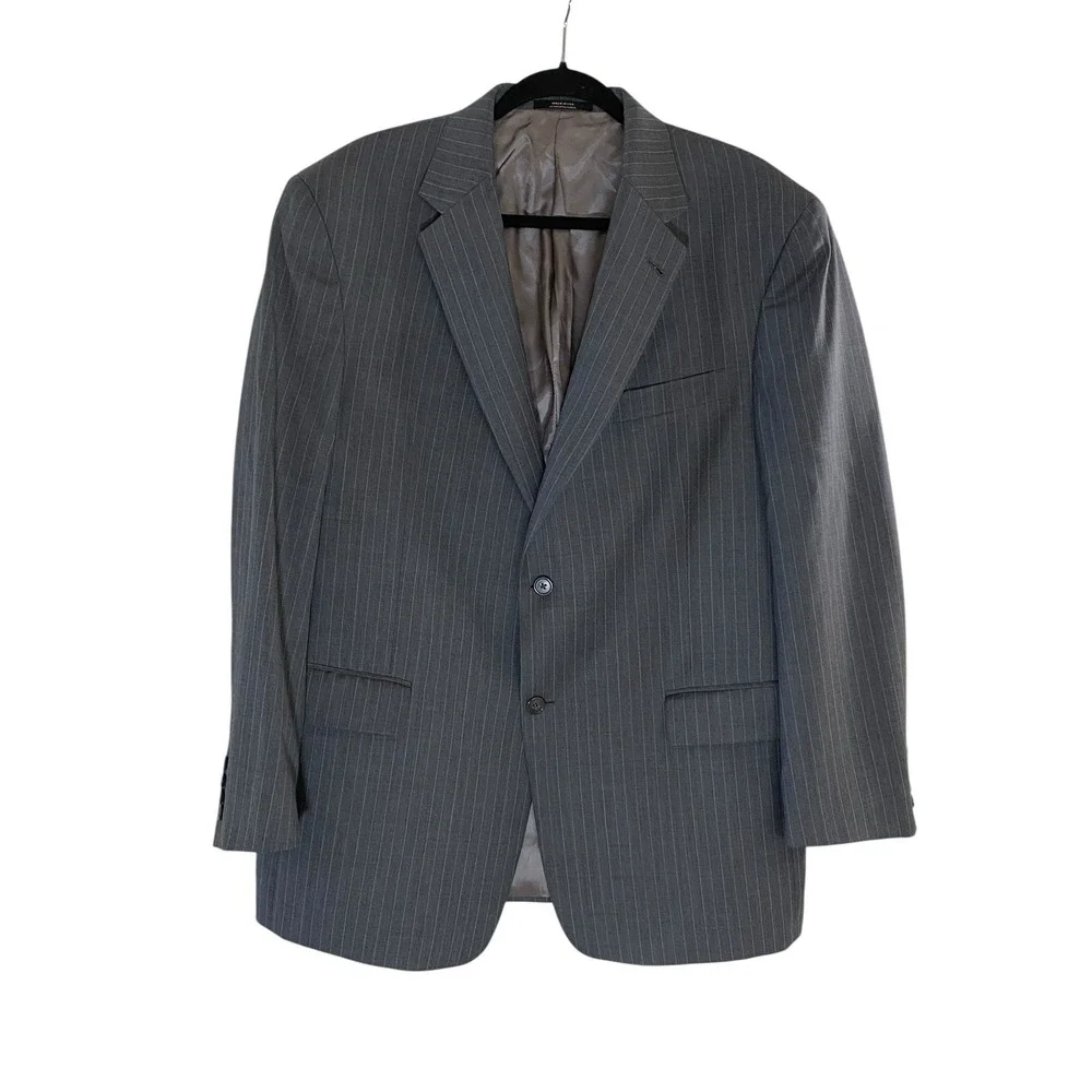 Hart Schaffner Marx Mens Grey Blue Pinstripe 2 pc Suit 44R Pleated Pants 38 x 25